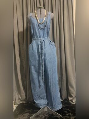 indulge Light Blue Denim Wide-Leg Overall Jumpsuit with Tie Belt
